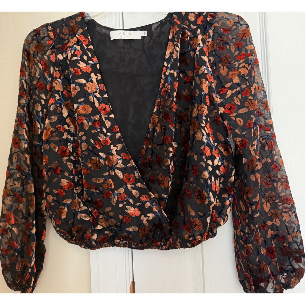 ASTR The Label Floral Burnout Velvet Surplice Crop Blouse Black Rust AT15816 S